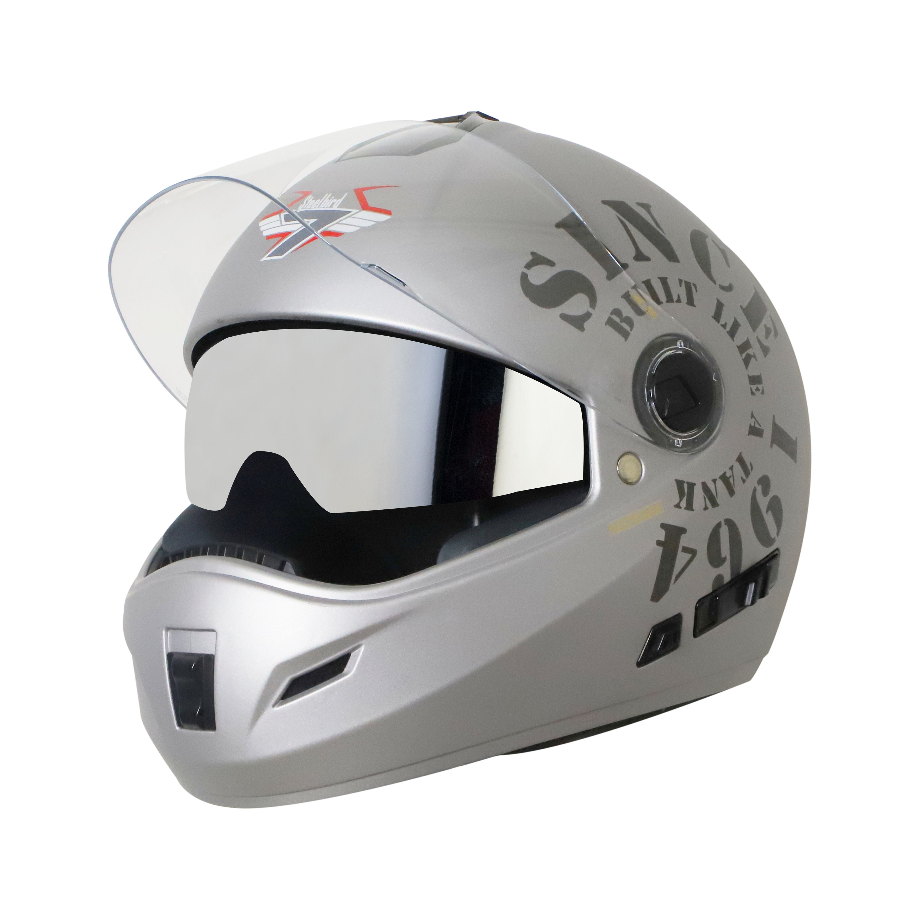 Steelbird Cyborg Tank Full Face Helmet With Chrome Silver Sun Shield, ISI Certified Helmet (Matt Silver Grey)